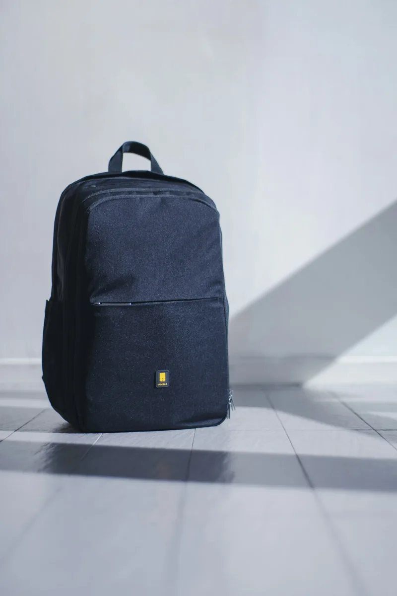 A dark fabric backpack in natural light